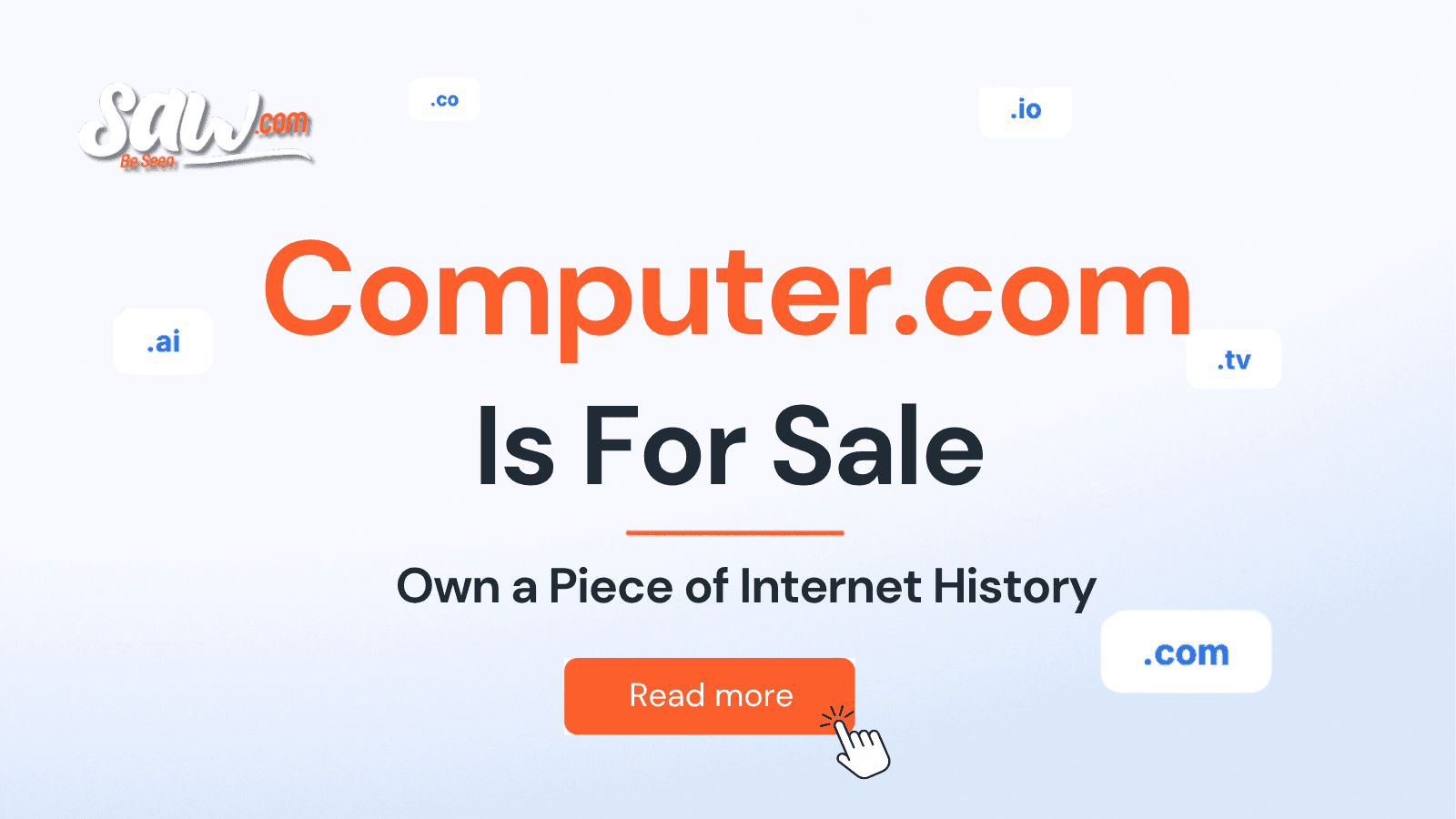 Computer.com is for sale through Saw.com with blue background and domain extension graphics