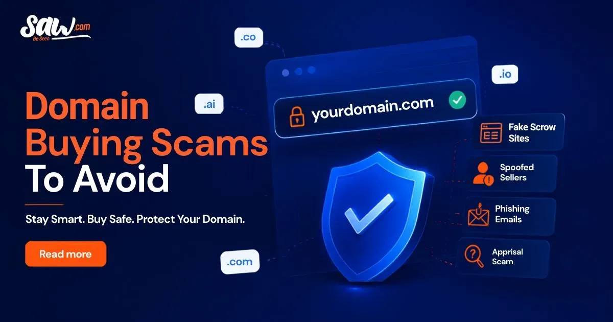 Graphic covering common domain buying scams: fake escrow, spoofed sellers, phishing, and appraisal scams.