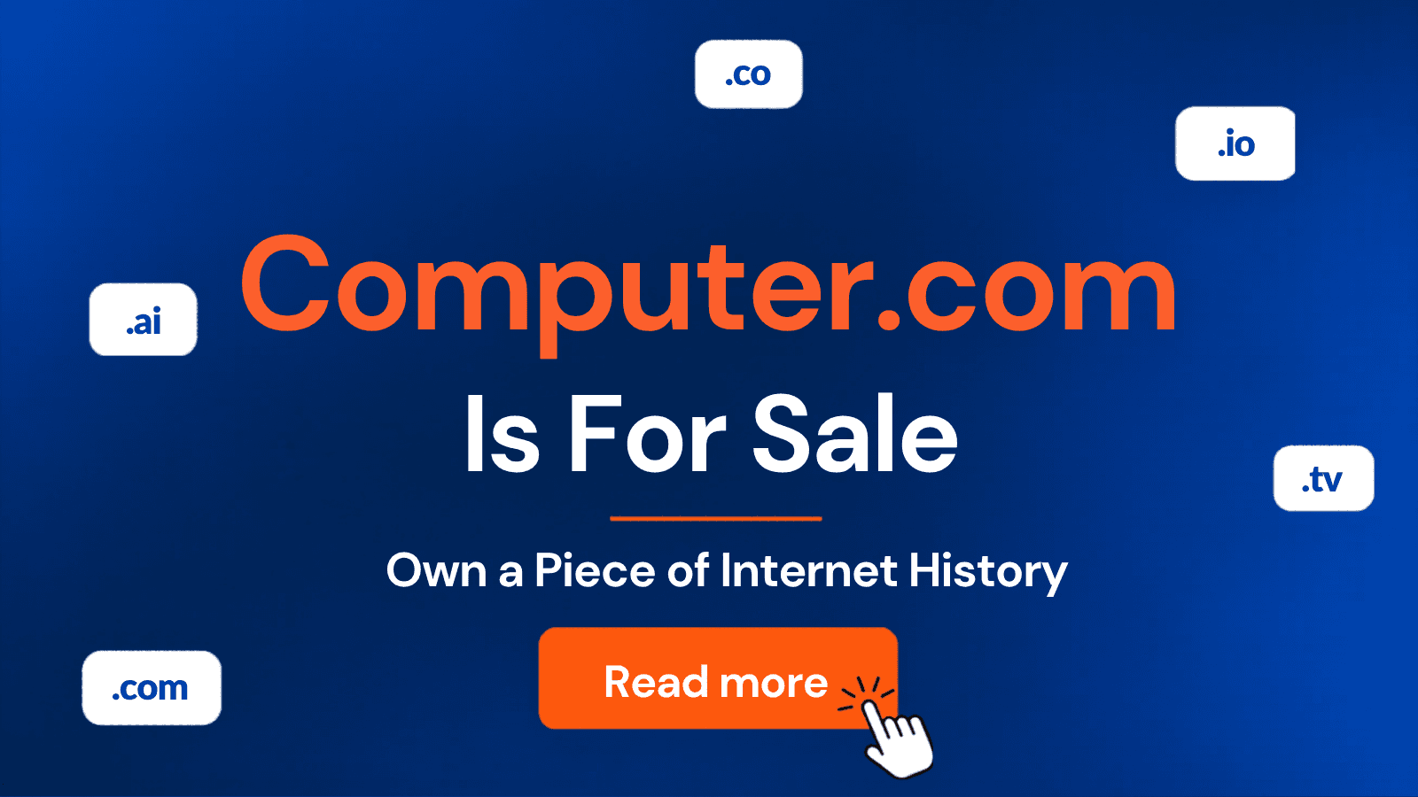 Computer.com is for sale through Saw.com with blue background and domain extension graphics
