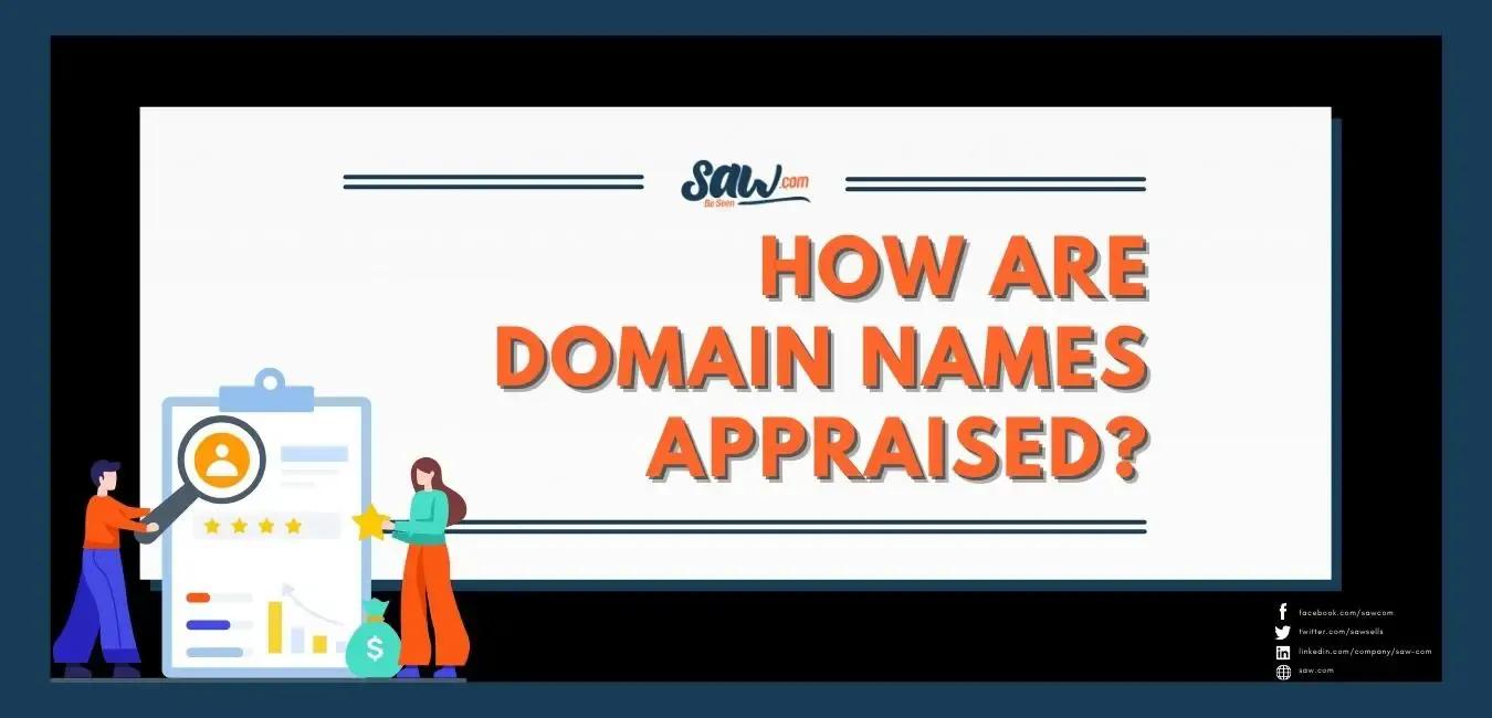Illustration with the text “How Are Domain Names Appraised?” featuring the Saw.com logo, two characters analyzing a clipboard with charts and ratings, symbolizing domain valuation.