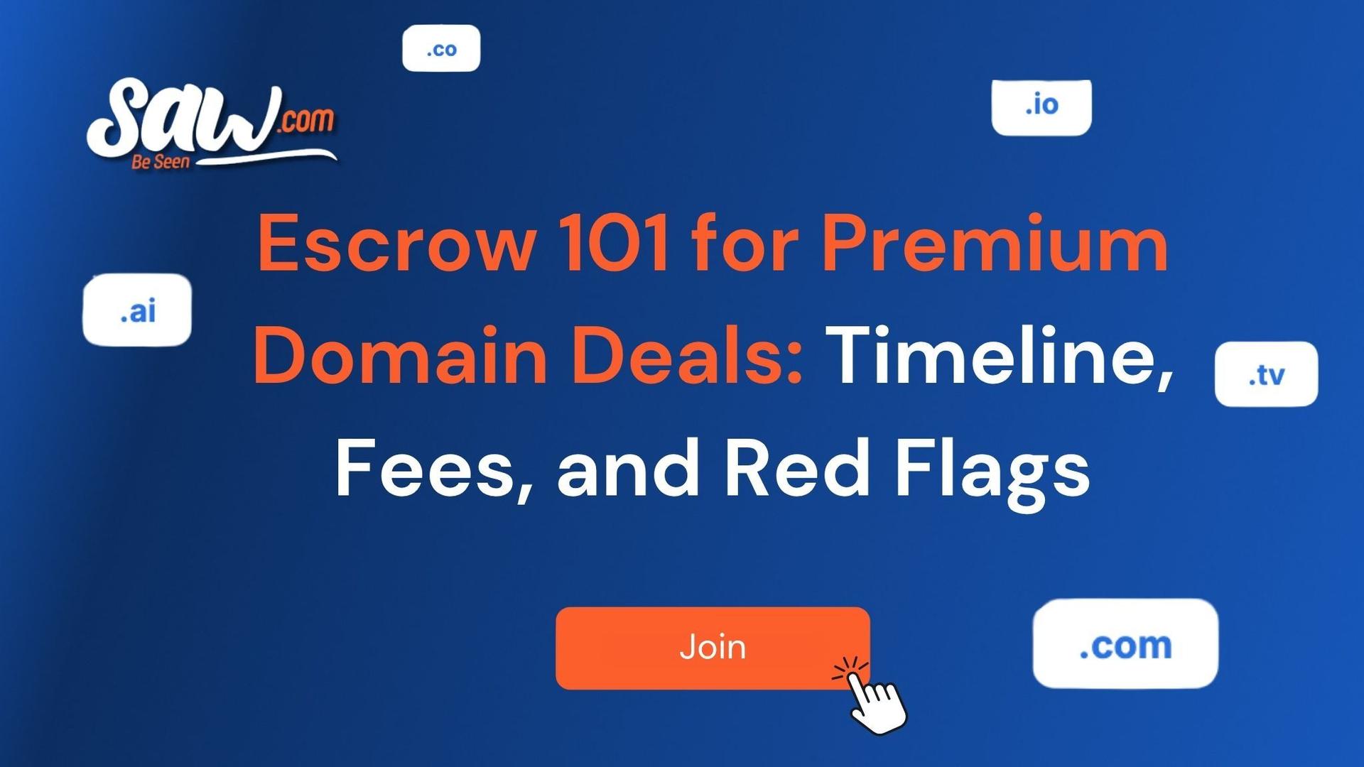 Escrow 101 for premium domain deals by Saw.com explaining domain escrow timelines, fees, and red flags